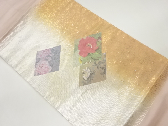 JAPANESE NAGOYA OBI / KINSAI / SHELL INLAY / FLORAL PLANTS
